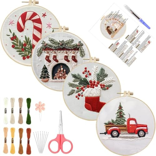Stickerei Set Anfänger, Stickerei Kits Weihnachten Weihnachtsdeko, Kreuzstich Anfänger Set, Kreuzstich Starter Kit mit Muster, Stickrahmen, Farbfäden und Werkzeuge, DIY Kunst Handwerk Nähen (4Pcs 02)