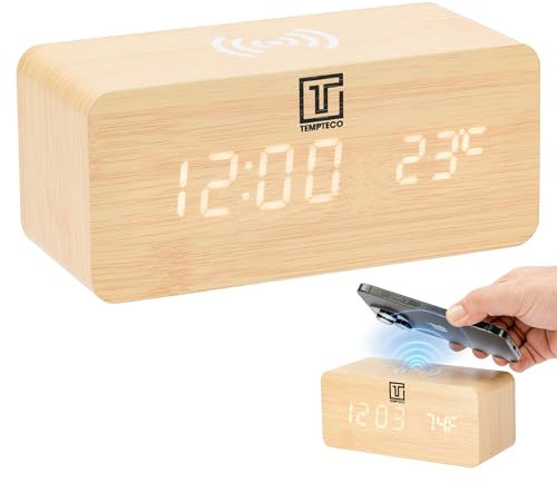 TEMPTECO – Sveglia Digitale da Comodino in Legno, Display LED Regolabile, Ricarica Wireless, Orologio Elettrico Smart con 3 Livelli di Luminosità e Batterie AA Incluse