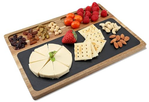 Tagliere da portata in legno di acacia con ardesia, tagliere per salumi per piatti da portata, vassoio da portata per formaggio e bistecca in ardesia, piatto per pane, multiuso, con deliziose feste