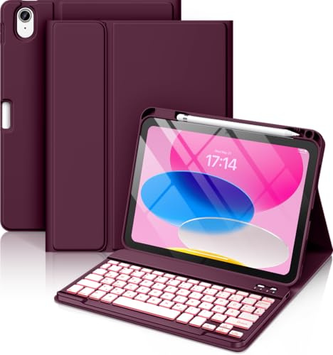 Vobafe Keyboard Case for iPad A16 11th Generation 11 inch/10th Gen 10.9 | 7 Colors Backlit Detachable Keyboard Folio Cover with Pencil Holder for iPad 11 2025/10 Generation 2022, UK Layout, Raspberry