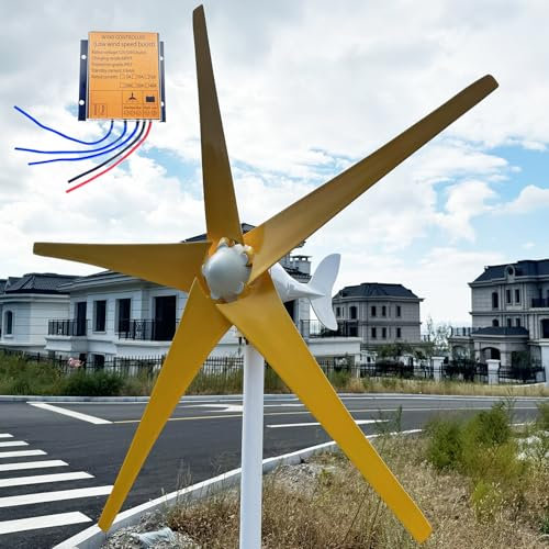 ZHOZHUT 12V 24V 48V Turbina Eólica 800W 1000W 1200W Aerogenerador Portátil Doméstico con Controlador MPPT Y 5 Aspas Amarillas, Turbina Eólica con Núcleo De Cobre Puro para Jardín, Exterior,1000w,12V