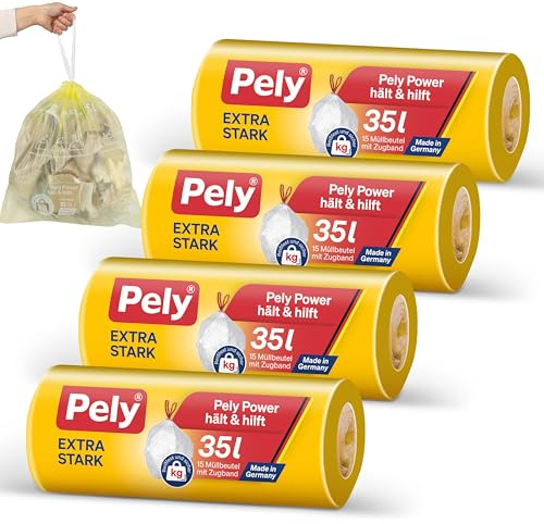 Pely Zugband Müllbeutel extra stark 35 Liter - Vorteilspack (4 x 15 Stück), gelb, für die Entsorgung von Restabfall (Nachfolger)