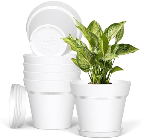 Homeuouz Plastic Plant Pots Indoor Outdoor, 6 Pack 6Inch/15CM Plant Pots Flower Pot with Drainage Holes and Tray,Modern Decorative Planter Pot for All House Plants(White)
