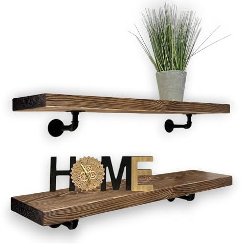 MKGT Rustic Shelves with Pipe Brackets Handcrafted Wall-Mounted, Handmade Scaffold Board Decorative Kitchen Room (Walnut, 40 cm)