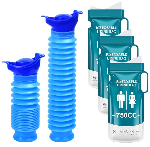 Zuxbolf 2PCS Urinoir Portable, 750ML Urinoir d'urgence Rétractable avec 3 Sac d'urine Bouteille d'urine de Pot Urinoirs d'urgence Mobiles Portables pour Camping Voyage Extérieur et Voiture