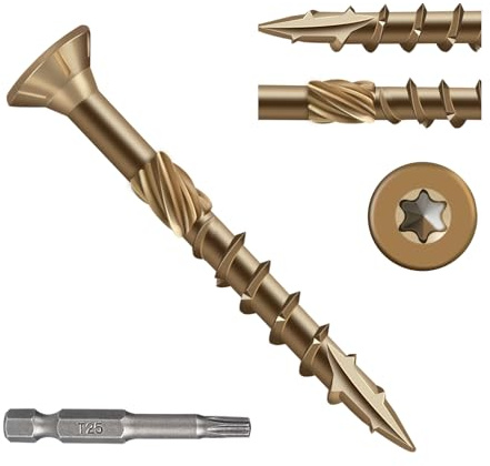 Fmjdnls Deck Screws 1-1/2 Inch, Wood Screws #8×1-1/2, Golden Brown Rust Resistant Epoxy Coated, Outdoor Decking Screws, Torx/Star Drive Head Exterior Deck Screw, T25 Star Bit Included（1 lbs, 140 Pcs）
