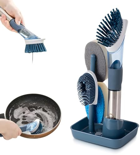 Spülbürste mit Spülmittelspender，Suuwwn Multifunktional Reinigungsbürste Set mit 4 Ersatzköpfen und Halter Befüllbare Spülbürste Küchenbürste Abwaschbürste für Topf, Pfanne, Spülbecken Reinigung