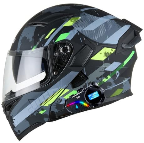 WLYEZAU Casques de Moto modulaires Bluetooth, Casque intégral Rabattable à Double visière, avec Haut-parleurs et Microphone, homologués ECE, for Adultes, Hommes et Femmes(G,M=57~58CM)