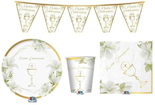Set Coordinato Tavola Prima Comunione, Piatti 24cm e 18cm, Bicchieri 250cc, Tovaglioli 33x33cm e 25x25cm, Festone 2m, per 6 o 12 Persone