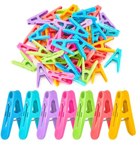 56 PCS Clothespins Plastic Colorful Small Clips, 7 Bright Colors Clothes Drying Line Pegs Mini Clothes Pins Clothesline Crafts Photos Paper Picture 2 inch Towel Clips Clothes Pin （7 Colors ）