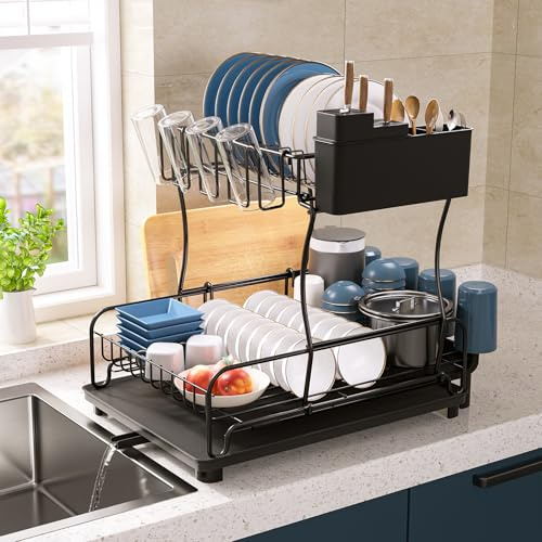 2-Tier Dish Drying Rack with 360° Rotating Drainboard Rustproof Carbon Steel Kitchen Dish Drainer with Cutlery Holder & Removable Drip Tray, Space-Saving Counter Organisation for Small Kitchens