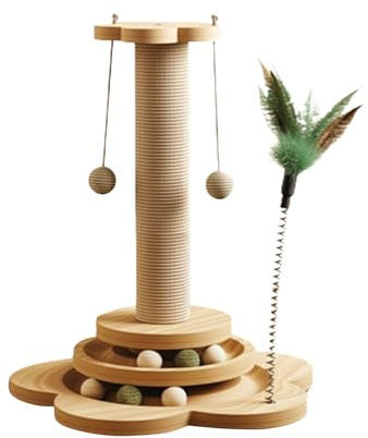 Cat Sisal Rope Scratching Post - 4 In 1 Wooden Kitten Scratcher Toy Scratch Treet - Includes Cats Teaser, Scratching Post, Sisal Ball And Cat Turntable,Easy Assembly, Space-Saving Design for Indoor