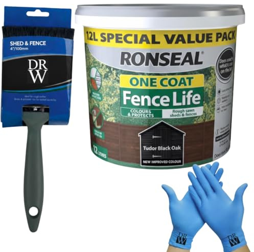DRW One Coat Shed & Fence Protector 12L Tudar Black Oak + Free 4 Fence Paint Brush & Nitrile Gloves | Long-Lasting Weatherproof Wood Protection | One Coat Formula for Sheds, Fences & Timber