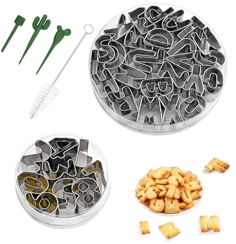 Lot de 35 Emporte PièCe,Emporte Piece Lettre Alphabet,Emporte Piece Biscuit Chiffres,Emporte-PièCe en Acier Inoxydable,avec Brosse de Nettoyage et Tige de DéMoulage,pour DéCoration de Biscuits, GâTeau