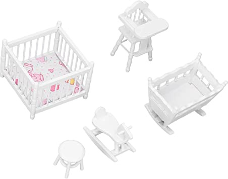 Haofy Meubles de Maison de Poupée en Bois, Ensemble de Chambre de bébé Miniature à l'échelle 1:12 avec Chaise Haute pour Berceau, Bois de Bouleau fabriqué pour la Maison de Poupée