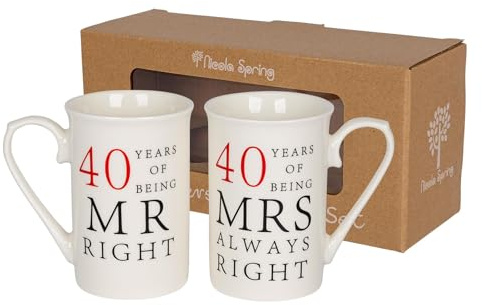 Nicola Spring 40th Anniversary Coffee Mug Set - 300ml Set of 2 New Bone China Coffee Teacup Drinking Mugs for Wedding, Milestone Celebration, His & Hers, Mr Right Mrs Always Right Couples Gift Box