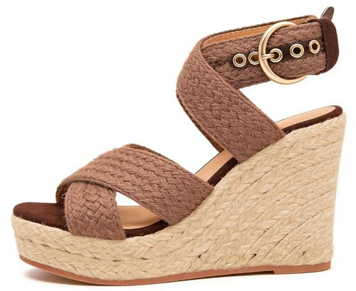 Marrón,37 EU,Sandalias Espadrille Mujer De Cuña Plataforma Tiras Cruzadas Tobillera Hebilla Ajustable Punta Abierta Talon Abierto Viaje Vacaciones Playa Casual