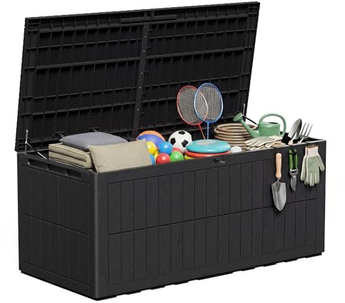 Amopatio Auflagenbox 680 Liter, Gartenbox XXL Wasserdicht aus Resin, Kissenbox für Balkon, Garten & Terrasse, Aufbewahrungsbox Wetterfeste mit Gasdruckfeder, Schwarz