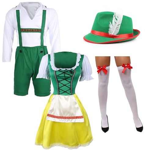 Couples Bavarian Costume - Beer Man Green Lederhosen with traditional White shirt and Hat - Coordinating Ladies Bavarian Beer Girl with Stockings Fancy Dress - Mens Medium & Womens Small