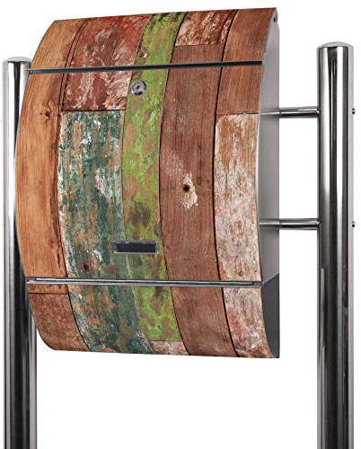 banjado® Standbriefkasten Edelstahl mit Zeitungsfach Motiv Buntes Holz/Briefkasten mit Standfuß/Edelstahl Briefkasten freistehend - A4 Einwurf inkl. 2 Schlüssel