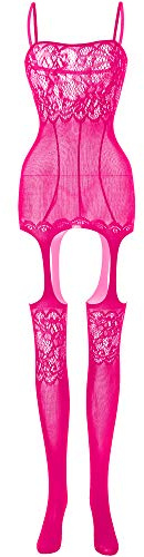 Creamlin Maillot de corps en résille pour femmes avec une seule pièce (Rose)