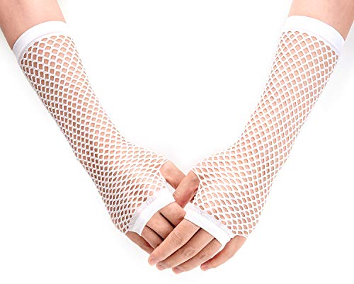 SAVITA Lange Fischnetz Handschuhe für 80er Kostümabend Partyzubehör (1 Paar) (White)