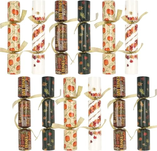 JOYIN 12 Pack Thanksgiving Party Table Favor No Snap No Popping with Party Hat, Joke & Gift Inside, Thanksgiving Holiday Traditions, Random gifts with Autumn Leaves, Pumpkin, Lettering Designs
