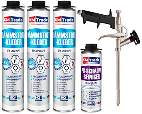 SET Dämmstoffkleber 3 Dosen 750ml Klebeschaum Perimeterkleber Kleber für Dämmung + 1 Reiniger + 1 Schaumpistole