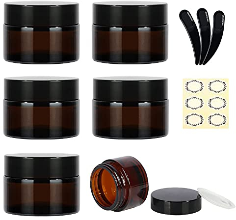 Yalbdopo 6Pcs 10ml / 10g Empty Amber Glass Cosmetic Sample Containers with Black Plastic Lids and Inner Liners - Refillable Mini Travel Pot Jars for Makeup Face Creams Lip Balm Lotion Beauty Nails