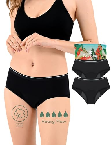 BeMee Perioden-Unterwäsche für Starke Blutung I Nighttime Hipster aus Bio-Baumwolle 2er Pack I waschbare Perioden-Unterwäsche Öko Tex 100 Zertifiziert (schwarz, Größe XXS bis XXL)