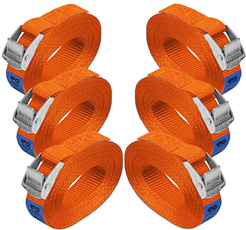 Zurrgurt Spanngurt Befestigungsgurt Klemmverschluss Befestigungsriemen orange - belastbar bis 250 kg DIN EN 12195-2, 6er Pack 2.5 cm x 4 m