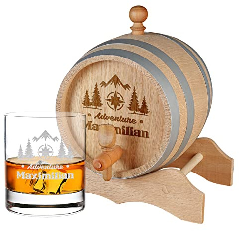 2-TLG Whisky Geschenkset mit Wunschgravur - 1x Eichen-Fass 1 Liter und 1x Whiskyglas 320 ml - zum Reifen - wiederverwendbar - für hochwertige Sprituosen - für Whiskyliebhaber - Motiv Adventure