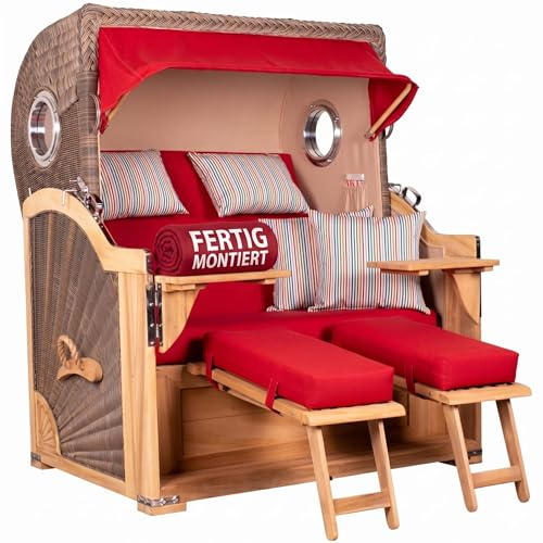 MR. DEKO Strandkorb Baltikum Teakholz XL Volllieger Strandstuhl PE Geflecht Grey Teak Bullauge anthrazit inkl. 4 Kissen - Wechselpolster - Strandkörbe Garten, Wintergarten, Terrasse (Dessin 585)