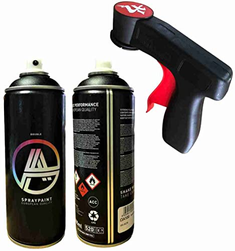KLAMOTTEN STORE Sprühpistole + Schwarz matt 400ml Spray- Erleichterung - feine Linien bis große Flächen/Spraydosen Handgriff für Rechts-Linkshänder (1 Stück + 400ml schwarz)
