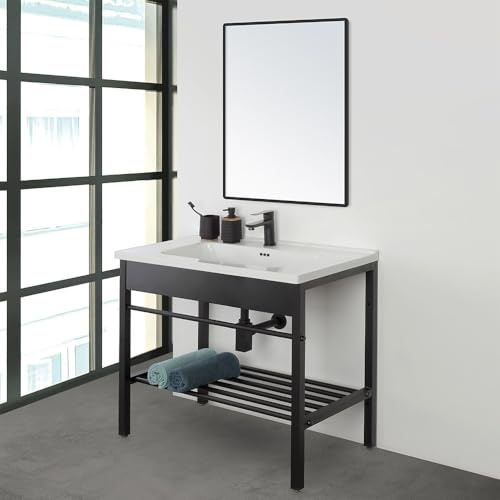 Inbagno Mobile bagno a terra 80 cm nero opaco, stile industrial completo di lavandino e specchio reversibile, Borg (Larghezza 80 cm)