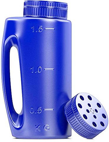Handstreuer, 2 l Salz zum Enteisen oder Granulat jeder Größe, komplett mit Schaufel und einfachem Gießen für Rasen, Garten, Handstreuer, Salzstreuer mit einstellbarer Lochgröße für Pflanzen