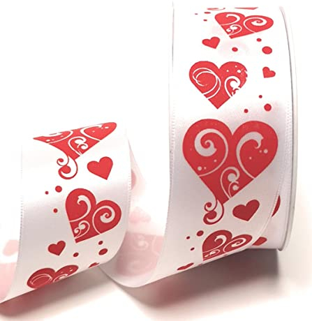 Schleifenband 20m x 40mm Weiß - Rot Herzband Hochzeitsband Dekoband Herz [3152]
