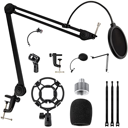Lansdowns Mikrofonarm Verstellbarer Mikrofonständer Galgenarm Mic Ständer mit Mikrofon Windschutz und Mic Pop Filter Mikrofonständer Schreibtisch Einstellbar für professionelles Streaming, Voice-Over,