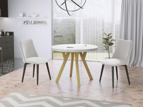 WFL GROUP Designer Runder Ausziehbarer Esstisch in Weißer Marmoroptik - Loft-Stil, Industriell, Platzsparend - Goldene Beine - 100 bis 200 cm - für 6-8 Personen - Hergestellt in EU - Marmor Weiß