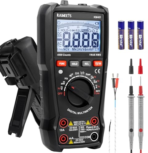Multimetro Digitale, KAIWEETS Tester Elettricista con 4000 Conteggi, Amperometro con T-RMS Automatico, Tester Digitale Misura Tensione, Corrente, Resistenza, Continuità, Frequenza - KM401