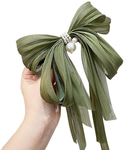 Wambere Große Haarspange Haarschleife,Haarspange mit Perlen Chiffon Schleife,Dreidimensionale Federklammer Haarklammern Damen Haarschmuck Haar Accessoires Für Hochzeiten Geburtstage Party,Grün