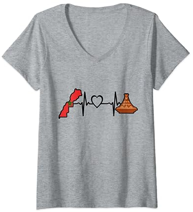 Maroc Tajine Heartbeat – Tajine Drapeau Marocain Nourriture T-Shirt avec Col en V