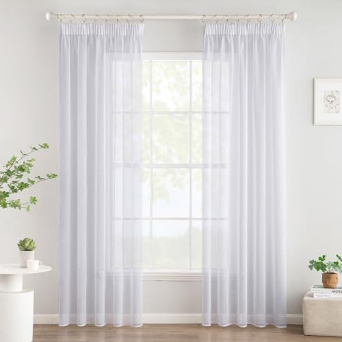 Woaboy Gardinen mit Kräuselband Voile Vorhänge Wohnzimmer Transparent Sheer Curtains Stores Gardine Schlafzimmer Modern Schlaufengardinen 2er Set 140x245cm (BxH) Weiß