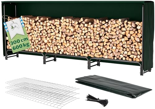 TTL Garden Kaminholzregal L 300x36x116cm schwarz mit Abdeckung - für aussen & innen, bis 600kg Holz wetterfeste Schutzplane - Metall Stahl Rohrrahmen rostfrei Holzunterstand Holzregal für Kaminholz