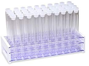 QUNINE Experimentierzubehör Kunststoff-Reagenzglas-Set mit 1 Gestell und 50 Stück – 13 x 100 mm Reagenzglas und Kappen, durchsichtige Labor-Chemie-Laborröhrchen (Größe: 13 x 100 mm)