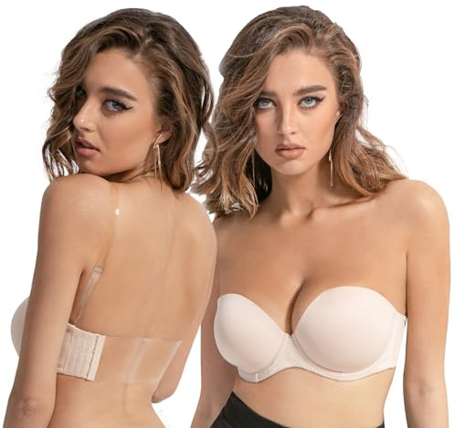 Amafuur Reggiseno Senza Spalline Senza Schienale con Spalline Trasparenti e Retro Convertibile Multiway Ferretto Leggermente Imbottito Taglie Forti da Donna, Nude, 3D (Taglia Produttore: 34D)