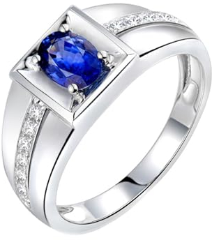 Herren Ring Leuchtend, Sapphire Ring Herren 18 Karat Weißgold Lab Saphir 0.6CT Blau Ovalschliff VVS mit 14 Diamant Natur 0.14CT Weiß Größe 54 (17.2)