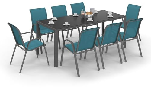 IDMarket - Salon de Jardin Madrid Table 190 CM et 8 chaises empilables Bleu Canard