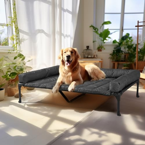 Veehoo Letto per Cani Rialzato con Cuscino Rimovibile Lavabile, Lettino Divanetto Interno Esterno, Nero 125 x 83 x 22.5cm