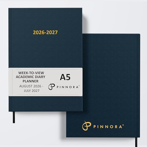 Pinnora A5 Navy Blue Academic Diary 2026-2027 Week to View, Hard Cover, August - July Dated Academic Planner, Ideal Student & Teacher Planner 2026-27, University, Revision, Study, To-Do Lists